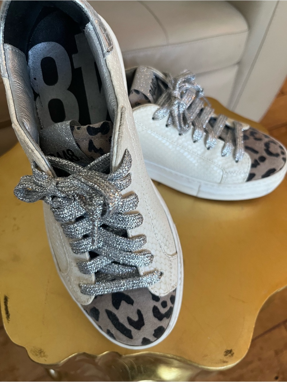 P448 Women’s White Leather Sneakers with Leopard Toe and Silver Glitter Laces